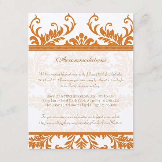 Kaart Oranje en Ivory Damask Wedding Insert (Voorkant)