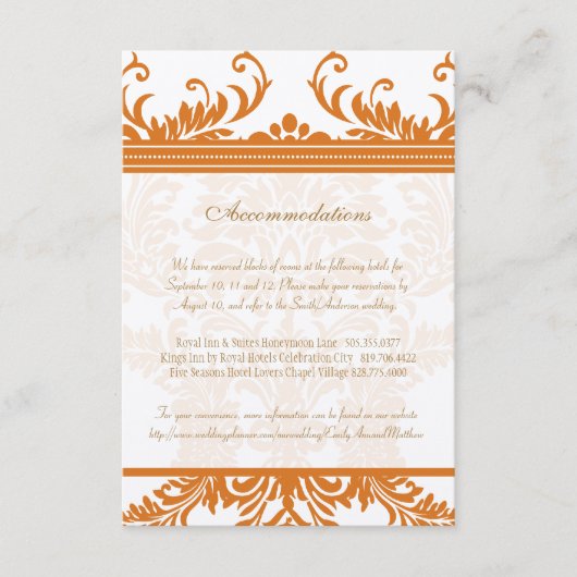 Kaart Oranje en Ivory Damask Wedding Insert (Voorkant)