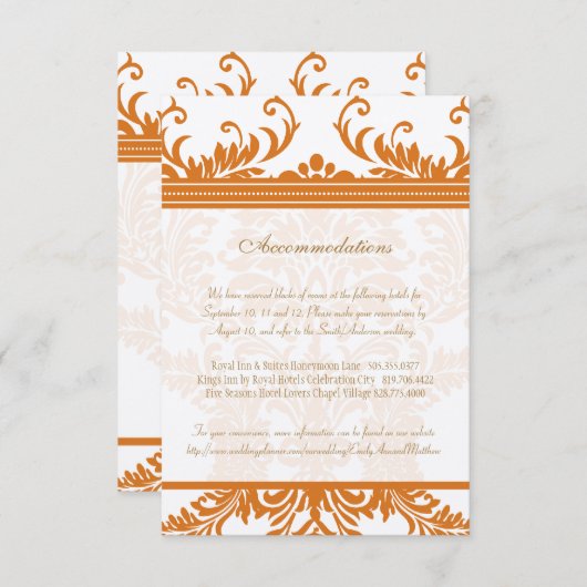 Kaart Oranje en Ivory Damask Wedding Insert (Voorkant / Achterkant)