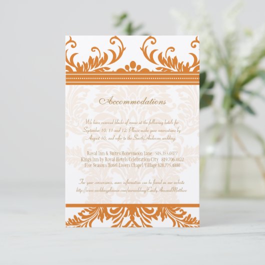 Kaart Oranje en Ivory Damask Wedding Insert (Staand voorkant)
