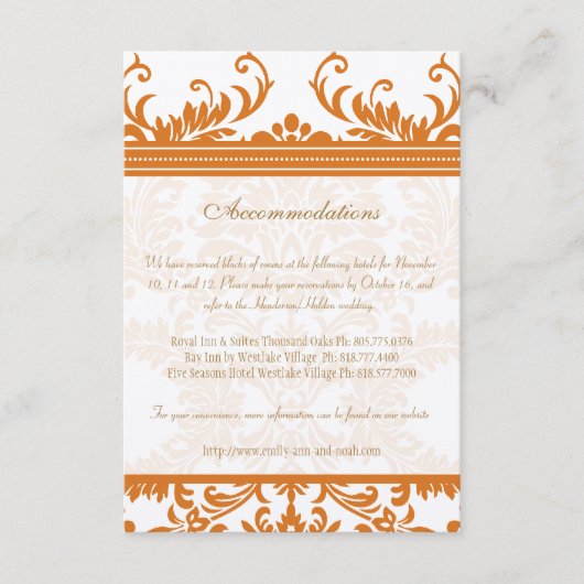 Kaart Oranje en Ivory Damask Wedding Insert (Voorkant)