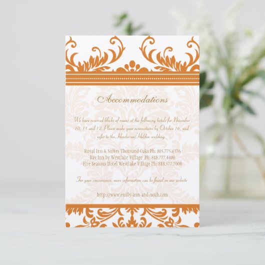 Kaart Oranje en Ivory Damask Wedding Insert (Staand voorkant)
