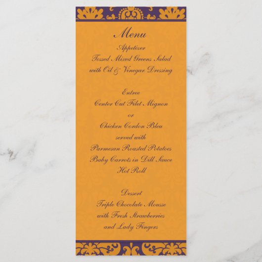 Kaart Oranje en Paars Damask Menu (Achterkant)