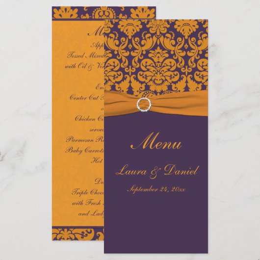 Kaart Oranje en Paars Damask Menu (Voorkant / Achterkant)