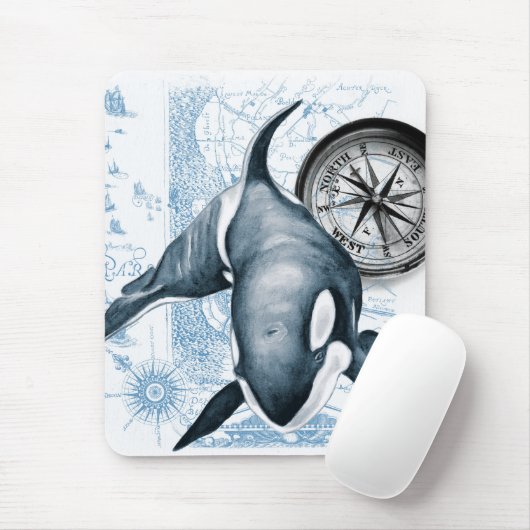  kaart Orca Blue Compass Muismat (Met muis)