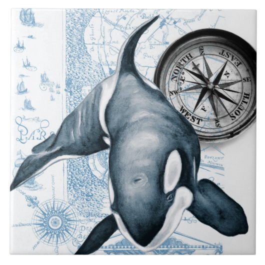 kaart Orca Blue Compass Tegeltje (Voorkant)