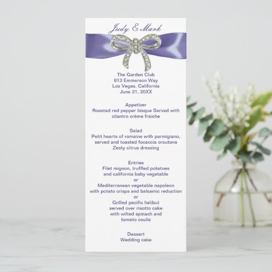 Kaart Paars Blue Diamond Bow Wedding Menu (Staand voorkant)