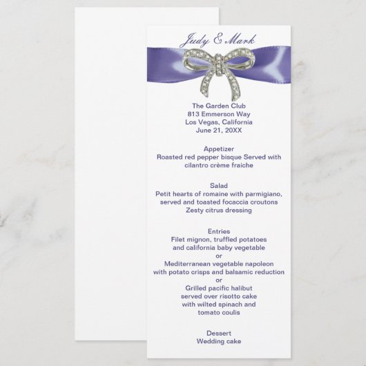 Kaart Paars Blue Diamond Bow Wedding Menu (Voorkant / Achterkant)
