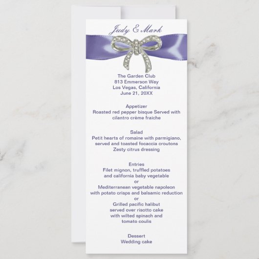 Kaart Paars Blue Diamond Bow Wedding Menu (Voorkant)