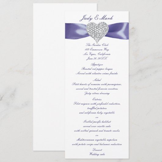 Kaart Paars Blue Diamond Heart Wedding Menu (Voorkant / Achterkant)