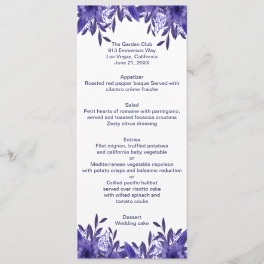 Kaart Paars Blue Floral Foliage Wedding Menu (Voorkant)