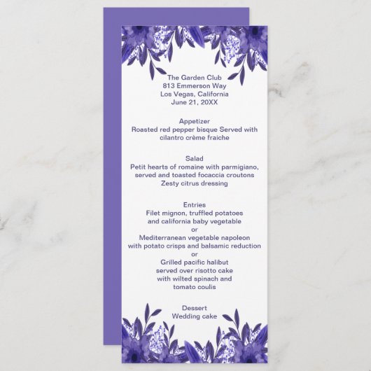 Kaart Paars Blue Floral Foliage Wedding Menu (Voorkant / Achterkant)