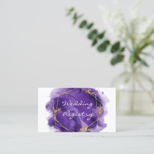 Kaart Paarse Gold Paint Wedding Registry Enclosure Visitekaartje (Staand voorkant)