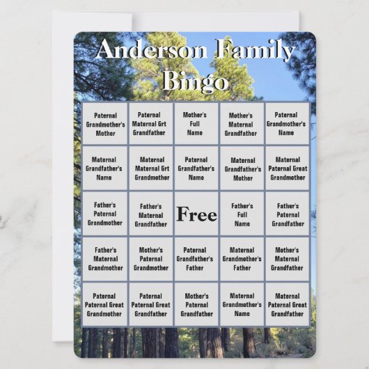 Kaart Pijn boombos foto familiereünie Bingo (Voorkant)