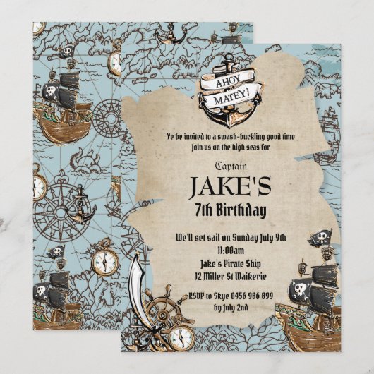  kaart Piratenverjaardagsfeest Oude Scroll (Voorkant / Achterkant)