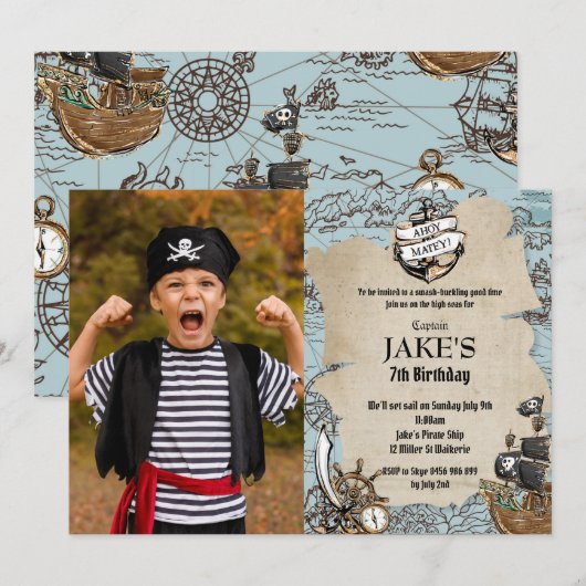  kaart Piratenverjaardagsfeestje Ahoy Matey (Voorkant / Achterkant)