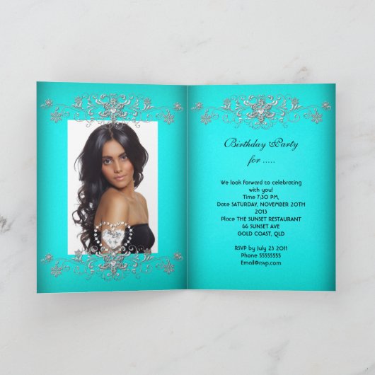 Kaart Quinceanera Aqua Blauwgroen Glitter Tiara (Binnen)