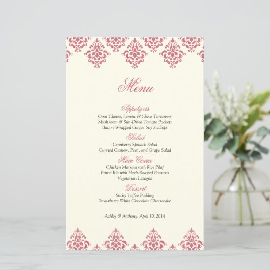 Kaart roze ivoor Damask Arabesque Wedding Menu (Staand voorkant)