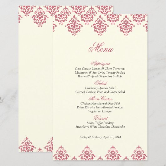 Kaart roze ivoor Damask Arabesque Wedding Menu (Voorkant / Achterkant)