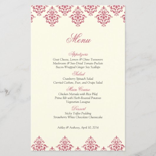 Kaart roze ivoor Damask Arabesque Wedding Menu (Voorkant)