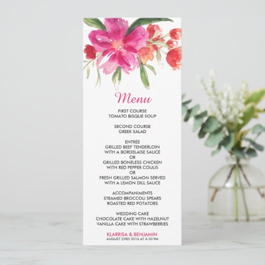 Kaart Roze Waterverf Bloemkleurige weduwenmenu (Staand voorkant)