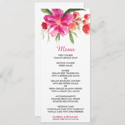Kaart Roze Waterverf Bloemkleurige weduwenmenu (Voorkant / Achterkant)