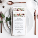 Kaart Rustic Bloom Wedding Menu<br><div class="desc">Het chic herfsttrouwmenu bevat uw starterscursussen, entreegels en desserts in elegante letters, met uw namen en trouwdatum omringd door waterverf rozen en mums in herfst shades van marsala, bogundy, wazige roze en ivoor, met donkergroene bladeren en bladeren. Coördinaten met ons Rustic Bloom bruiloft collectie voor herfst- en winterbruiloften. Gebruik de...</div>