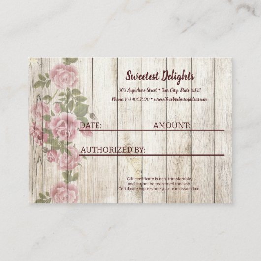 Kaart Rustic Floral Cake Bakery Gift Certificate Visitekaartje (Achterkant)