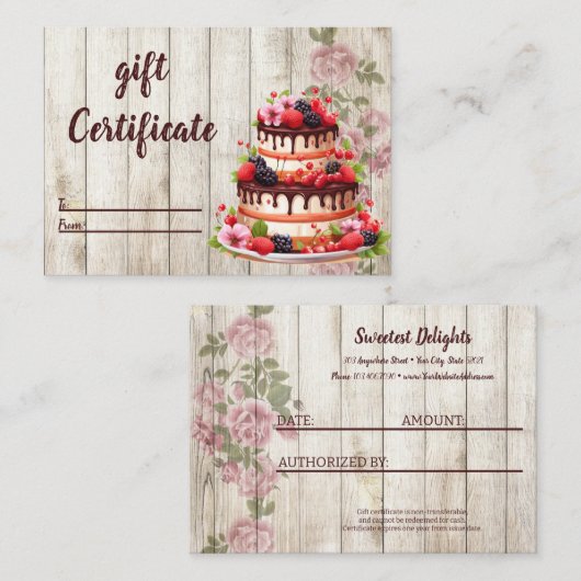 Kaart Rustic Floral Cake Bakery Gift Certificate Visitekaartje (Voorkant / Achterkant)