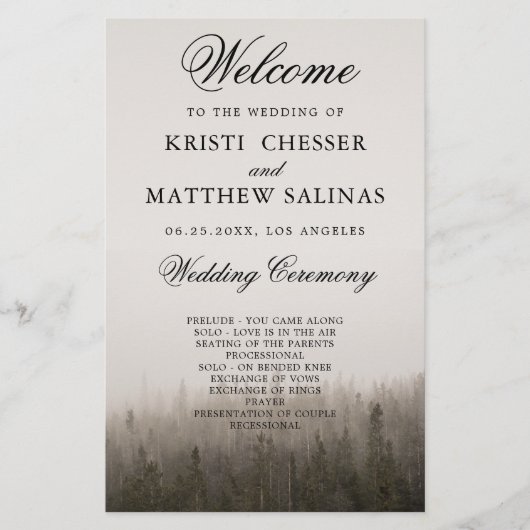 Kaart Rustic Forest Misty Landscape Wedding Progra (Voorkant)