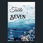 Kaart Rustic Ocean Wedding Table Number<br><div class="desc">Deze bijtende kaart met het nummer van de bruiloft in de oceaan is perfect voor je trouwe strandboho bruiloft. Dit ontwerp is voorzien van een dikke zwarte en witte kalligrafie met een oceaanachtergrond die past bij de bruiloft op het strand of een casual moderne bruiloft in de lente, zomer of...</div>