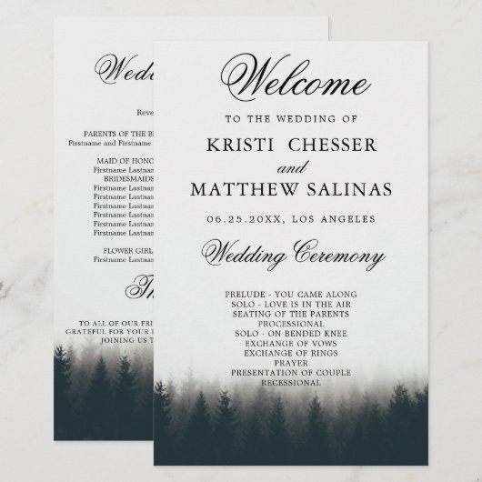 Kaart Rustic Pine Trees Woodland Wedding Program (Voorkant / Achterkant)