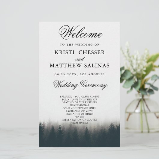 Kaart Rustic Pine Trees Woodland Wedding Program (Staand voorkant)