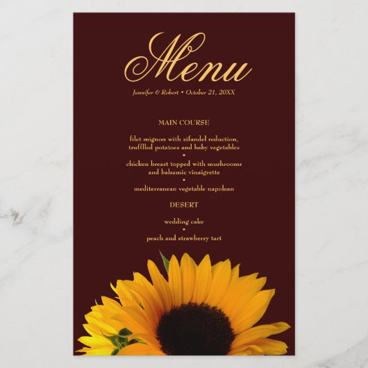 Kaart Rustic Sunflower Wedding Dinner Menu (Voorkant)
