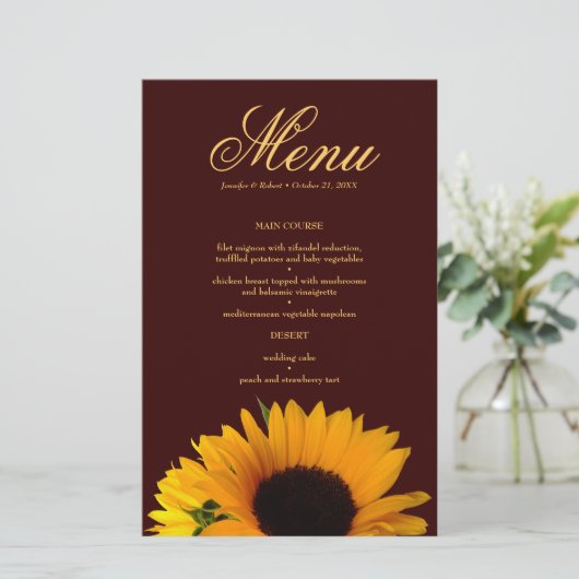 Kaart Rustic Sunflower Wedding Dinner Menu (Staand voorkant)