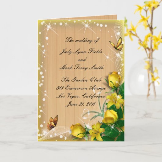 Kaart Rustic Wood Yellow Floral Butterfly Program (Gele Bloem)