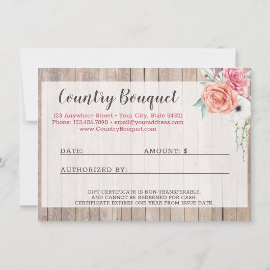 Kaart "Rustisch houten land Floral Cadeat Certific (Achterkant)