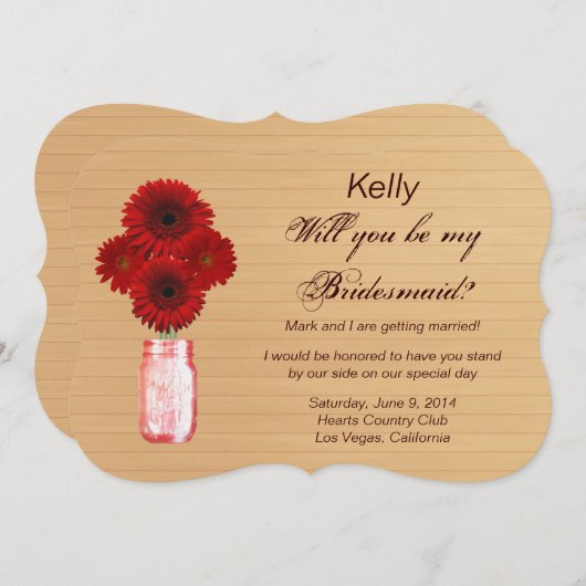Kaart Rustische Rode Mason Jar Bridesmaid (Voorkant / Achterkant)