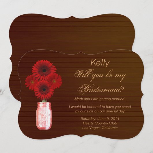 Kaart Rustische Rode Mason Jar Bridesmaid (Voorkant / Achterkant)