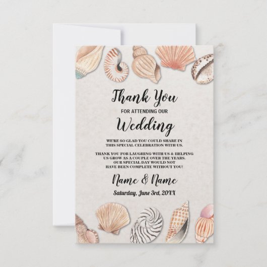 Kaart Schelpen Oceaan Strand Bruiloft Dankjewel (Voorkant)