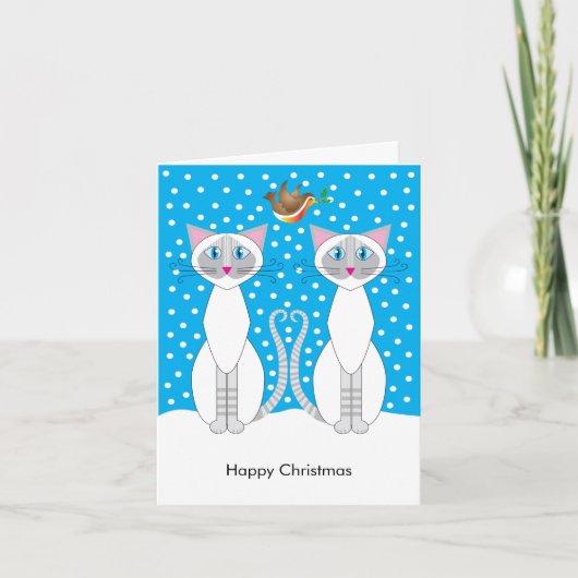 Kaart: Snowy Christmas cats en Robin vriend Feestdagen Kaart (Voorkant)