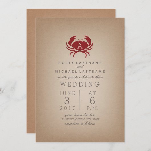 Kaart Stock Geïnspireerd Monogram Krab Bruiloft (Voorkant / Achterkant)