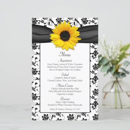 Kaart Sunflower Black White Damask Wedding Menu (Staand voorkant)