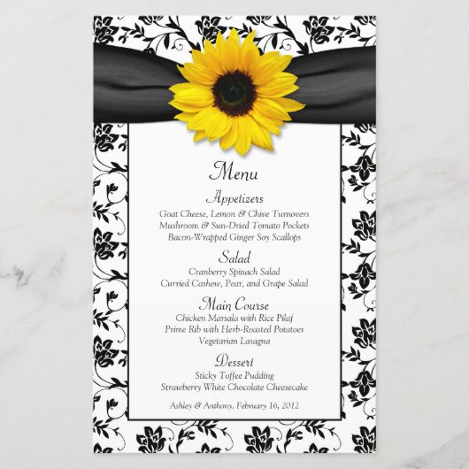 Kaart Sunflower Black White Damask Wedding Menu (Voorkant)