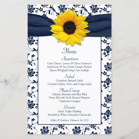 Kaart Sunflower Navy Blue White Damask Wedding Men (Voorkant)