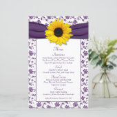 Kaart Sunflower Paars White Damask Wedding Menu (Staand voorkant)
