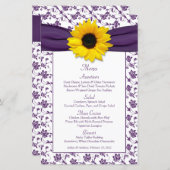 Kaart Sunflower Paars White Damask Wedding Menu (Voorkant / Achterkant)