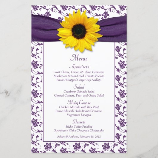 Kaart Sunflower Paars White Damask Wedding Menu (Voorkant)