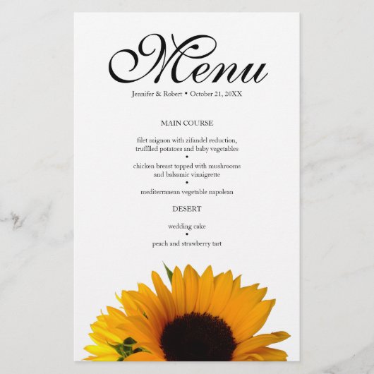 Kaart Sunflower Wedding Dinner Menu (Voorkant)