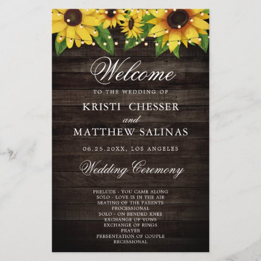 Kaart Sunflower Wood String Lights Wedding Program (Voorkant)